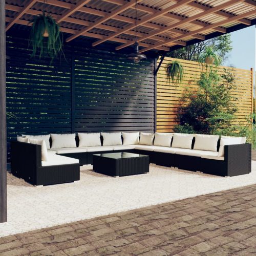 12 részes fekete polyrattan kerti ülőgarnitúra párnákkal
