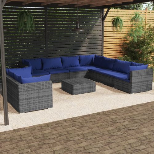 10 részes szürke polyrattan kerti ülőgarnitúra párnákkal