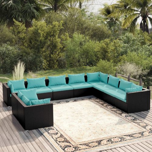 10 részes fekete polyrattan kerti ülőgarnitúra párnákkal