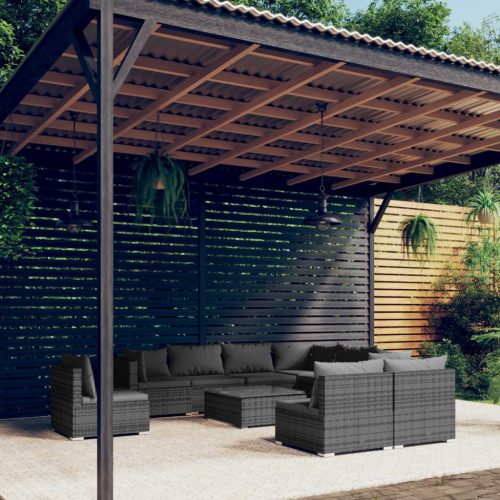 10 részes szürke polyrattan kerti ülőgarnitúra párnákkal