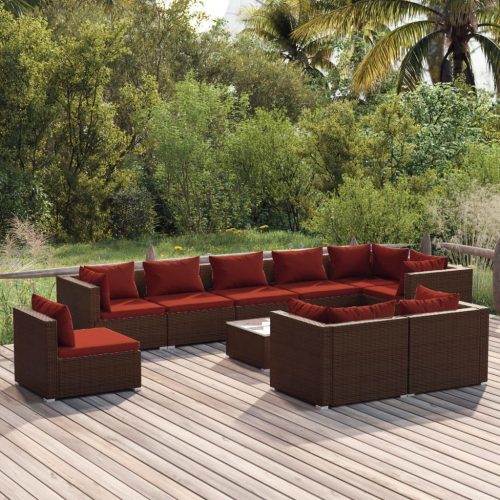 10 részes barna polyrattan kerti bútorszett párnákkal