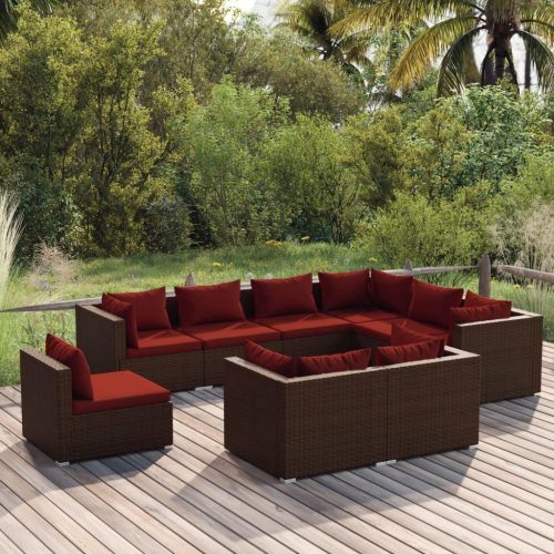 9 részes barna polyrattan kerti bútorszett párnákkal