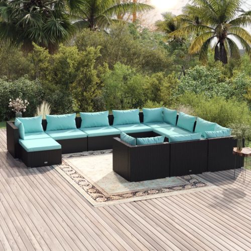 11 részes fekete polyrattan kerti ülőgarnitúra párnákkal