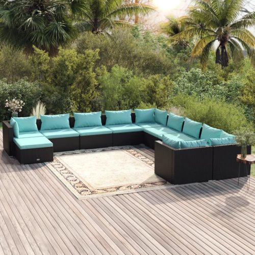 11 részes fekete polyrattan kerti ülőgarnitúra párnákkal