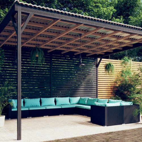 10 részes fekete polyrattan kerti ülőgarnitúra párnákkal