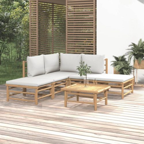 6 részes bambusz kerti ülőgarnitúra világosszürke párnákkal