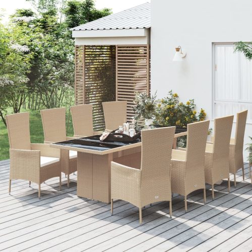 9 részes bézs polyrattan kerti étkezőgarnitúra párnákkal