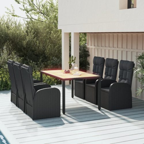 7 részes fekete polyrattan kerti étkezőgarnitúra párnával