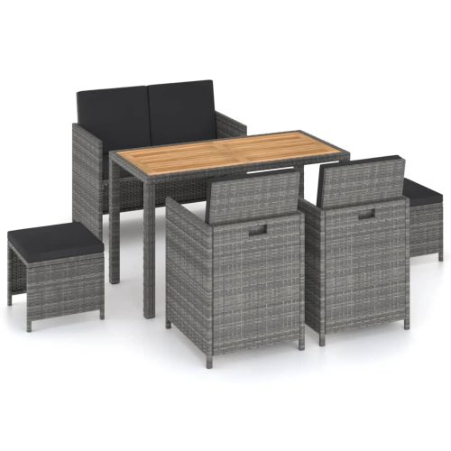 6 részes szürke polyrattan és akácfa kültéri étkezőszett