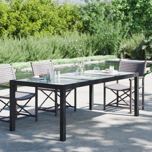 fekete polyrattan és edzett üveg kerti asztal 190 x 90 x 75 cm