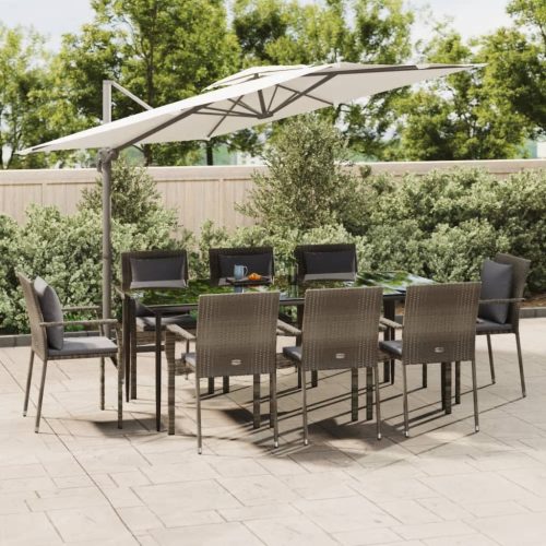 9 részes fekete és szürke polyrattan kerti étkezőszett párnával