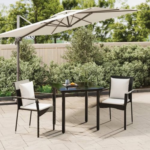 3 részes fekete polyrattan kerti étkezőgarnitúra párnákkal