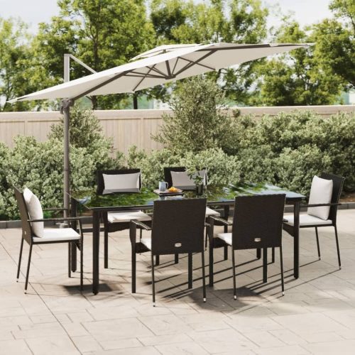 7 részes fekete polyrattan kerti étkezőgarnitúra párnával
