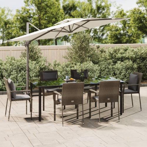 7 részes fekete és szürke polyrattan kerti étkezőszett párnával