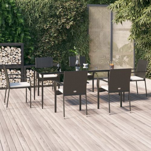 7 részes fekete polyrattan kerti étkezőgarnitúra párnával