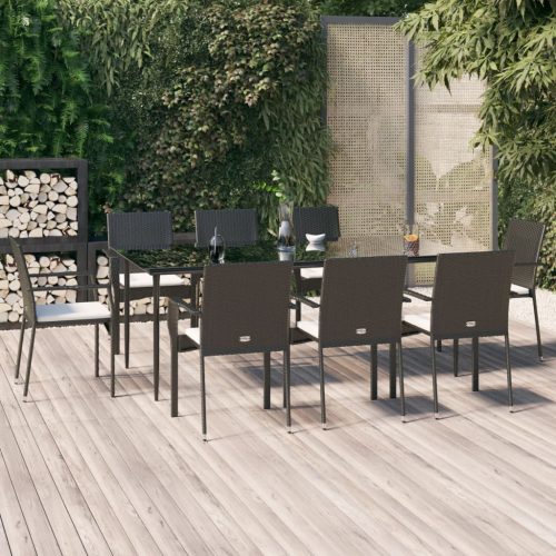 9 részes fekete polyrattan kerti étkezőgarnitúra párnákkal