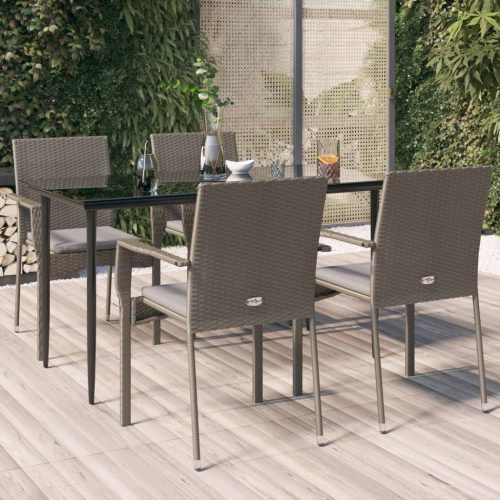 5 részes fekete és szürke polyrattan kerti étkezőszett párnával