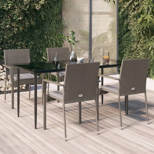 5 részes fekete és szürke polyrattan kerti étkezőszett párnával