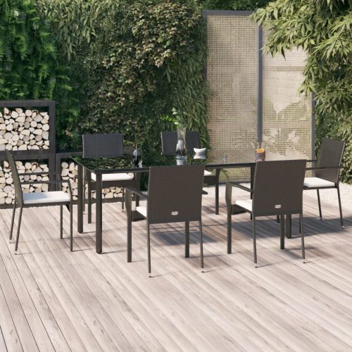 7 részes fekete polyrattan kerti étkezőgarnitúra párnával