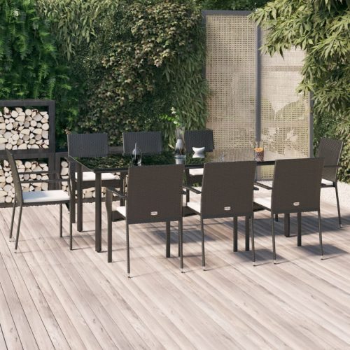 9 részes fekete polyrattan kerti étkezőgarnitúra párnákkal