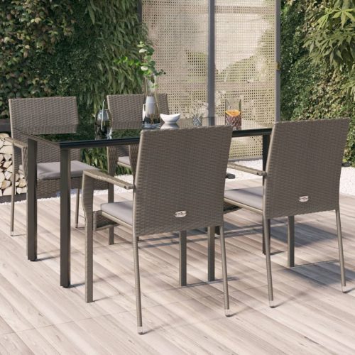 5 részes fekete és szürke polyrattan kerti étkezőszett párnával