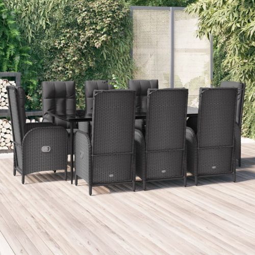 9 részes fekete polyrattan kerti étkezőgarnitúra párnákkal