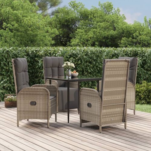 5 részes fekete és szürke polyrattan kerti étkezőszett párnával