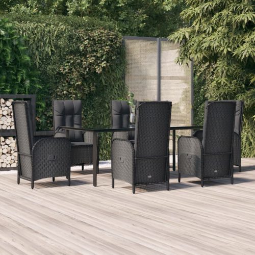 7 részes fekete polyrattan kerti étkezőgarnitúra párnával