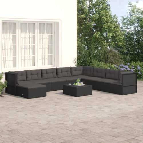 9 részes fekete polyrattan kerti ülőgarnitúra párnákkal