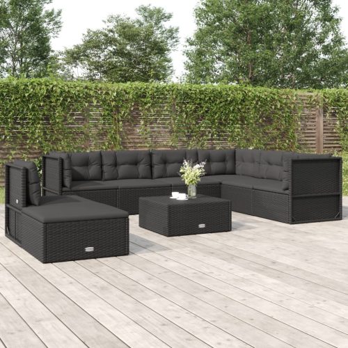 8 részes fekete polyrattan kerti ülőgarnitúra párnákkal
