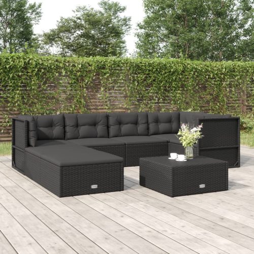 7 részes fekete polyrattan kerti ülőgarnitúra párnákkal