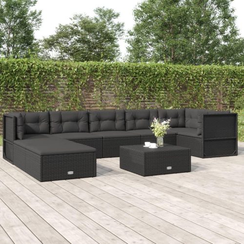8 részes fekete polyrattan kerti ülőgarnitúra párnákkal