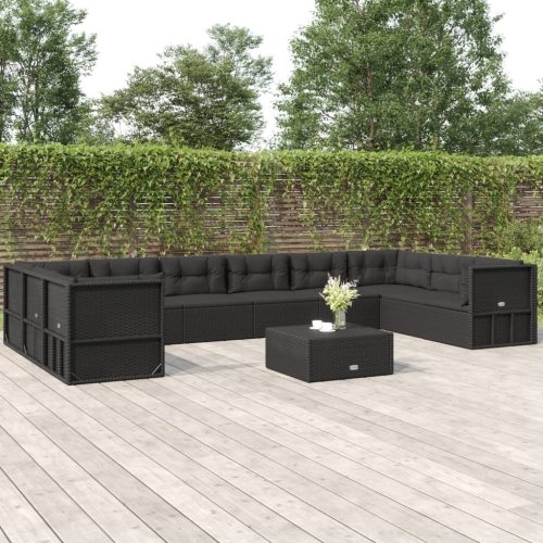 10 részes fekete polyrattan kerti ülőgarnitúra párnákkal