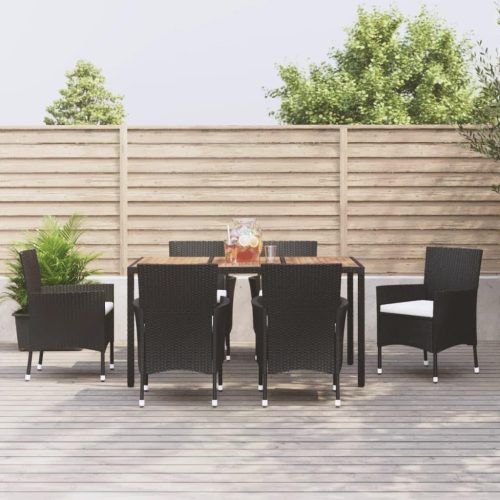 7 részes fekete polyrattan kerti étkezőgarnitúra párnával