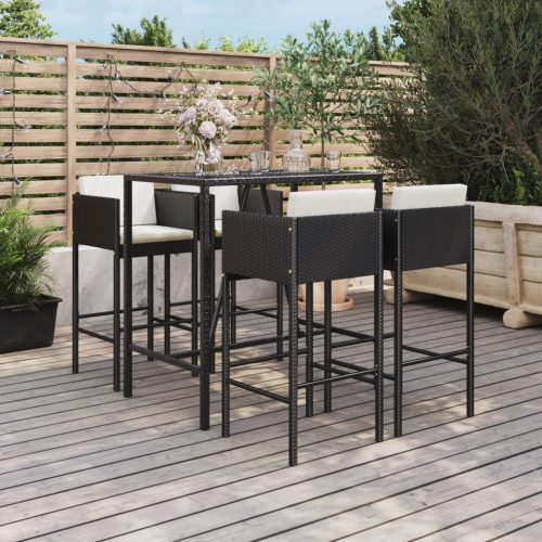 5 részes fekete polyrattan kerti bárszett párnával