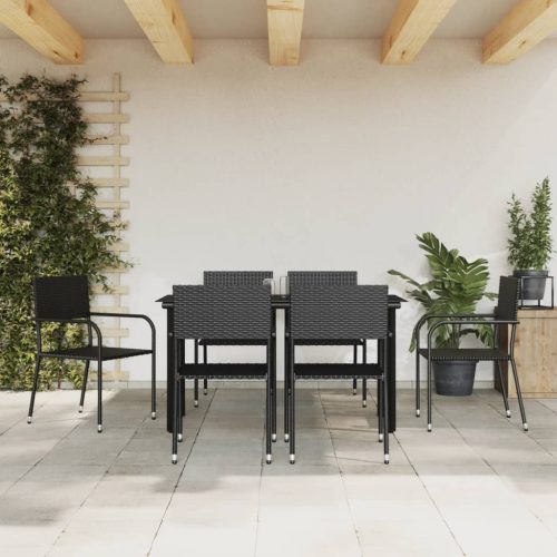 7 részes fekete polyrattan és acél kerti étkezőgarnitúra