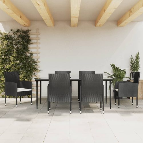 7 részes fekete polyrattan és acél kerti étkezőgarnitúra