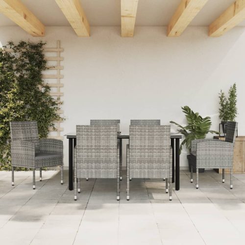 7 részes szürke-fekete polyrattan és acél kerti étkezőgarnitúra