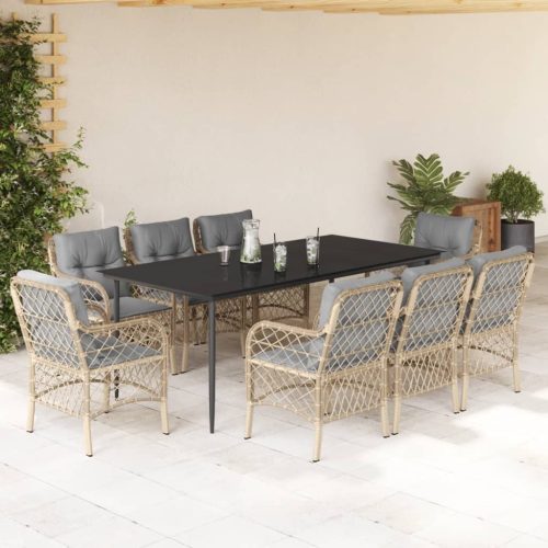 9 részes vegyes bézs polyrattan kerti étkezőgarnitúra párnákkal