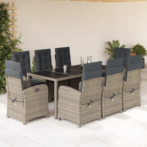 9 részes szürke polyrattan kerti étkezőgarnitúra párnával