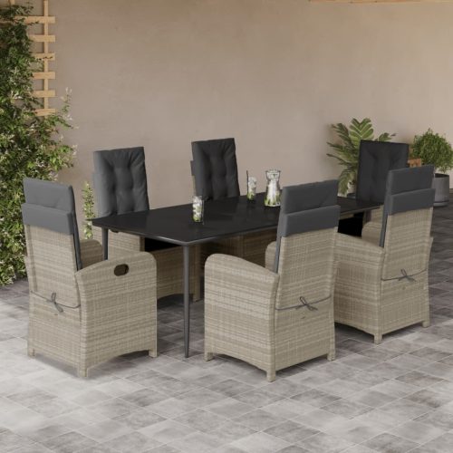 7 részes világosszürke polyrattan kerti étkezőszett párnával