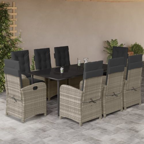 9részes világosszürke polyrattan kerti étkezőgarnitúra párnával