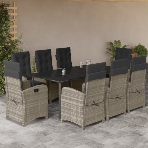 9részes világosszürke polyrattan kerti étkezőgarnitúra párnával