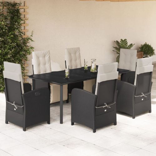 7 részes fekete polyrattan kerti étkezőgarnitúra párnával