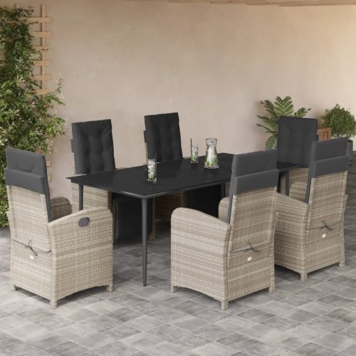 7 részes világosszürke polyrattan kerti étkezőszett párnával