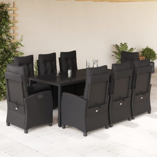9 részes fekete polyrattan kerti étkezőgarnitúra párnákkal