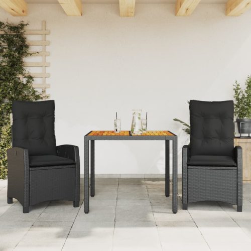 3 részes fekete polyrattan kerti étkezőgarnitúra párnákkal