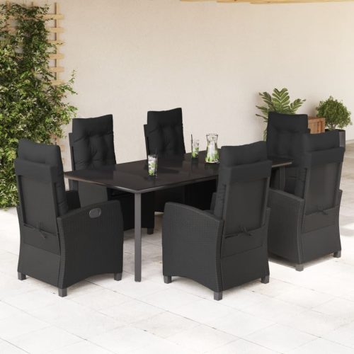 7 részes fekete polyrattan kerti étkezőgarnitúra párnával