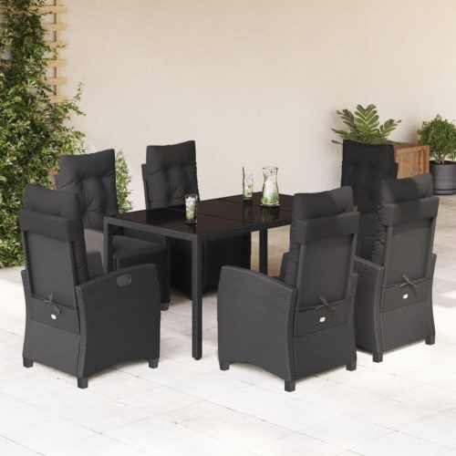 7 részes fekete polyrattan kerti étkezőgarnitúra párnával