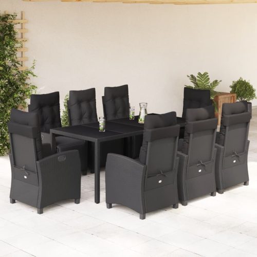 9 részes fekete polyrattan kerti étkezőgarnitúra párnákkal